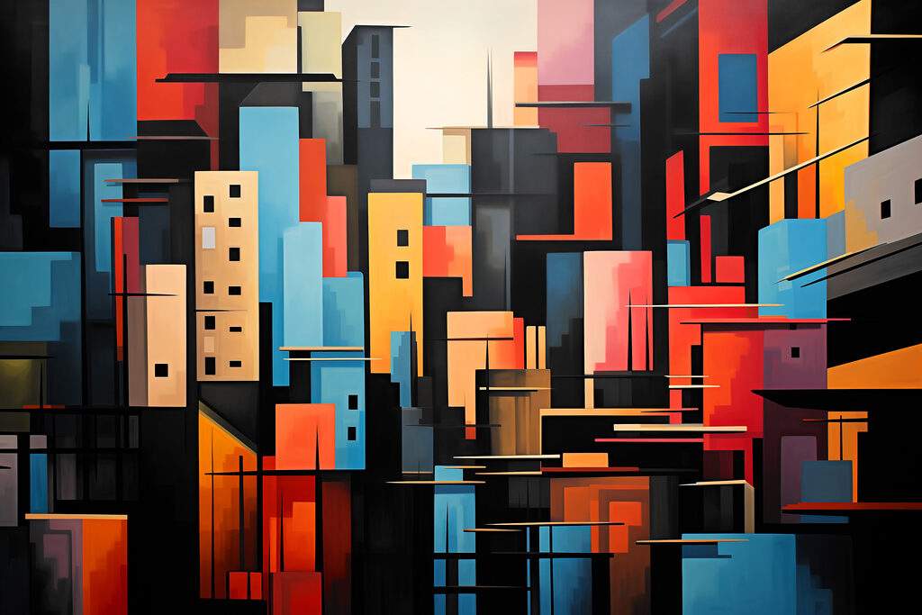 Ville en blocs colorés — motif complet