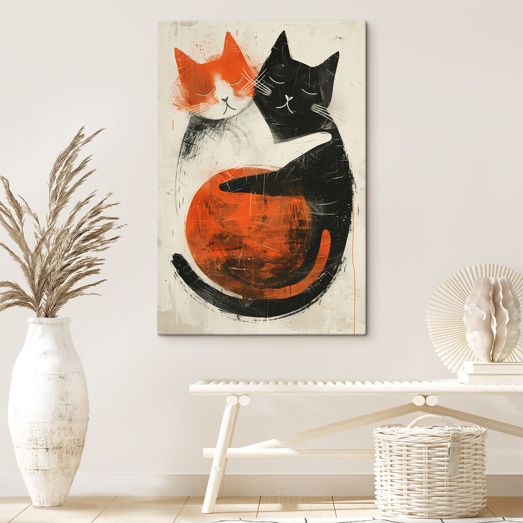 Deux chats enlacés dans un intérieur