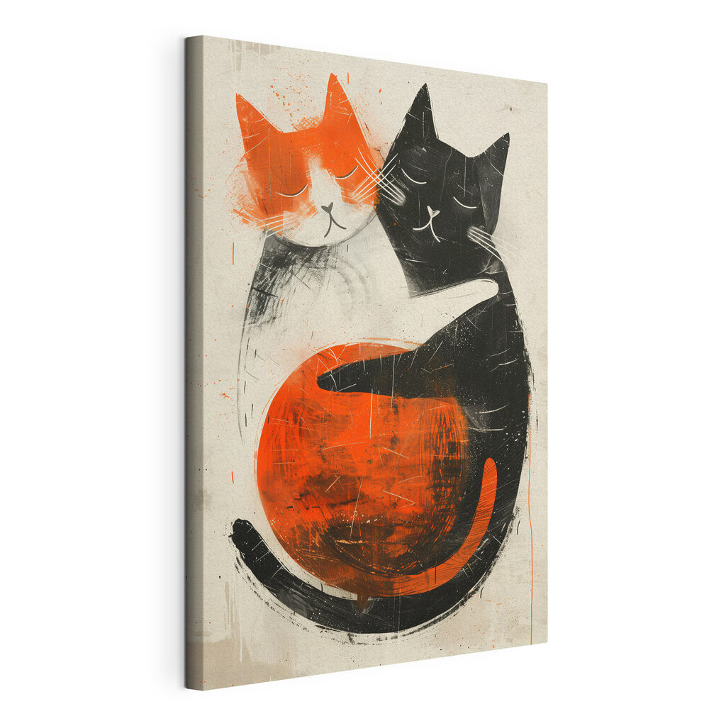 Deux chats enlacés, toile tendue et bord enveloppé