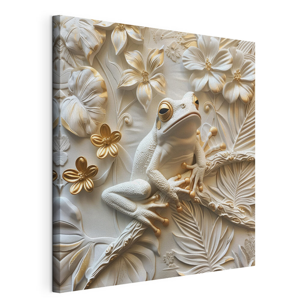 Grenouille et fleurs blanches, toile tendue et bord enveloppé