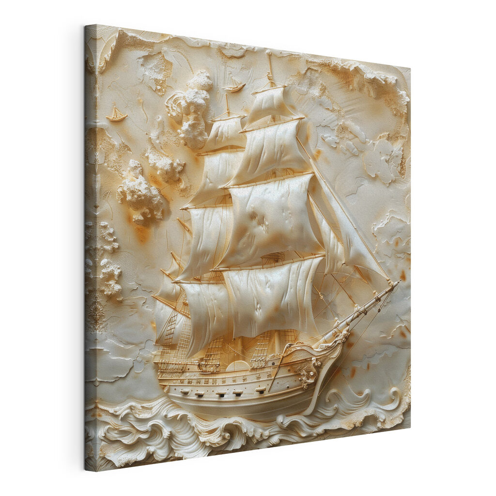 Voilier sur vagues crème, toile tendue et bord enveloppé