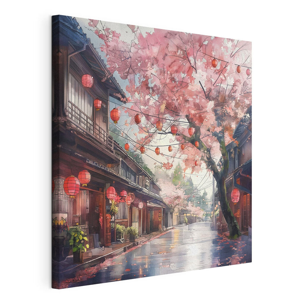 Fleurs et lanternes rouges, toile tendue et bord enveloppé