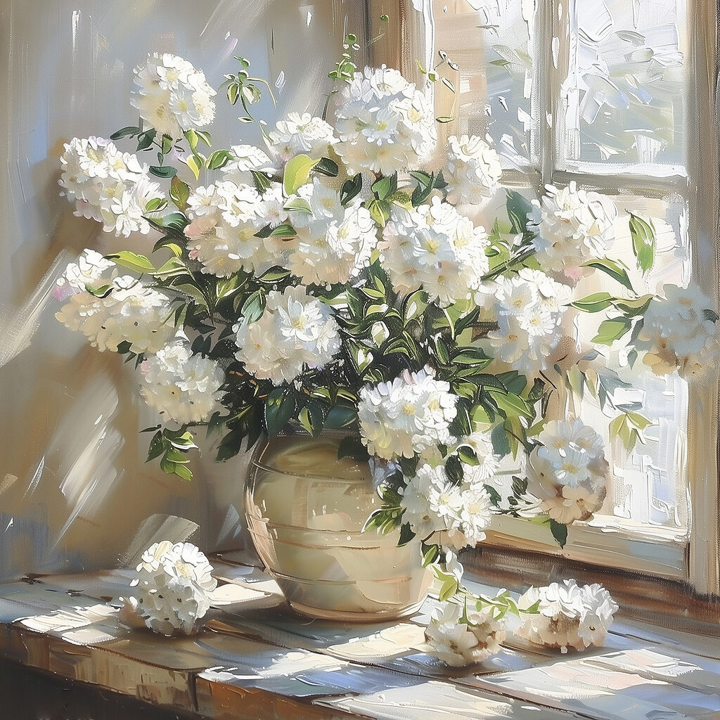 Lumière sur hortensias blancs — motif complet