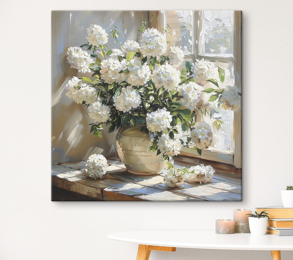Lumière sur hortensias blancs dans un intérieur