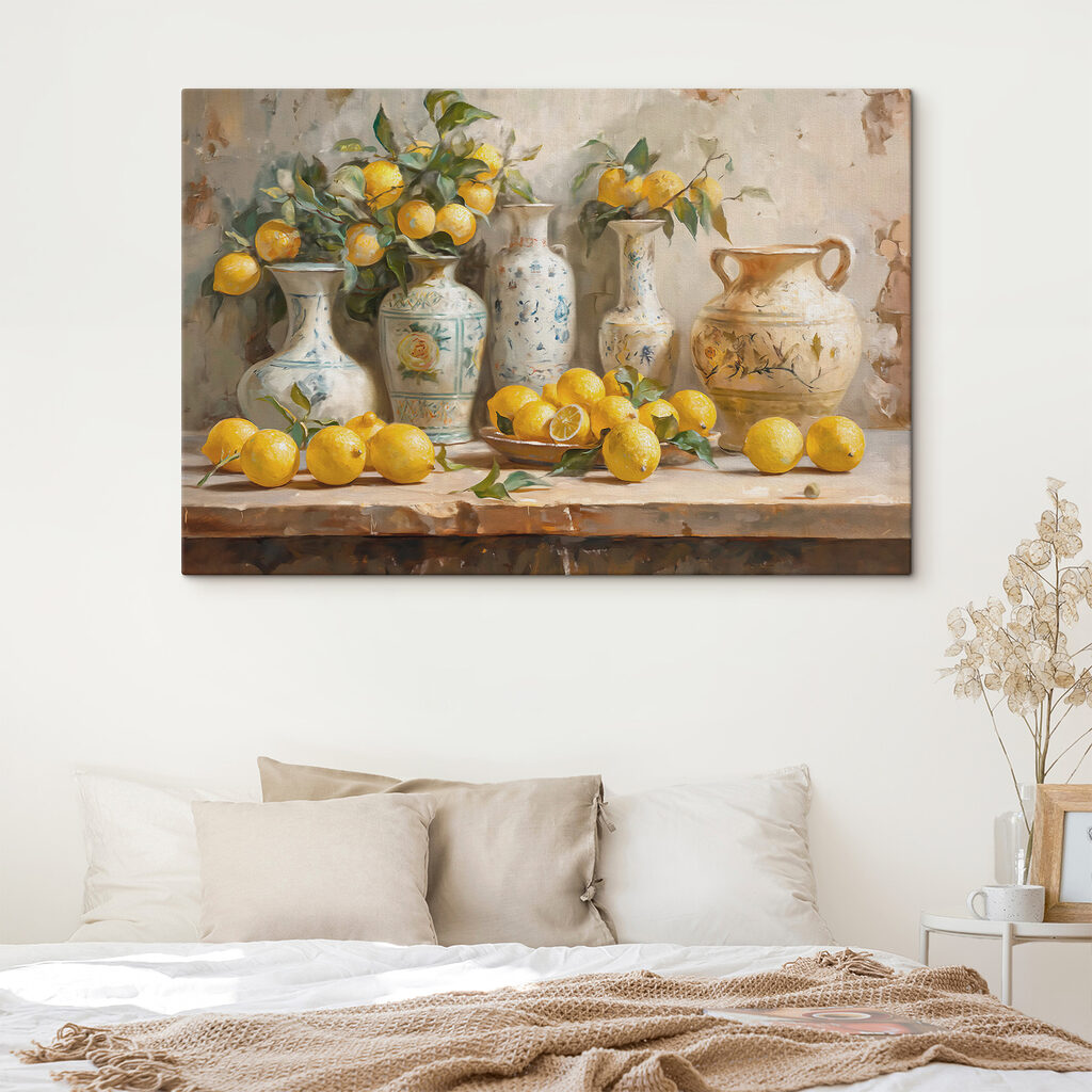 Citrons et cruches peintes dans un intérieur