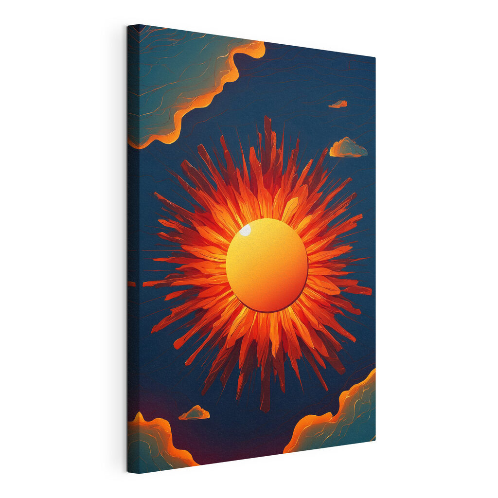 Soleil aux rayons ardents, toile tendue et bord enveloppé