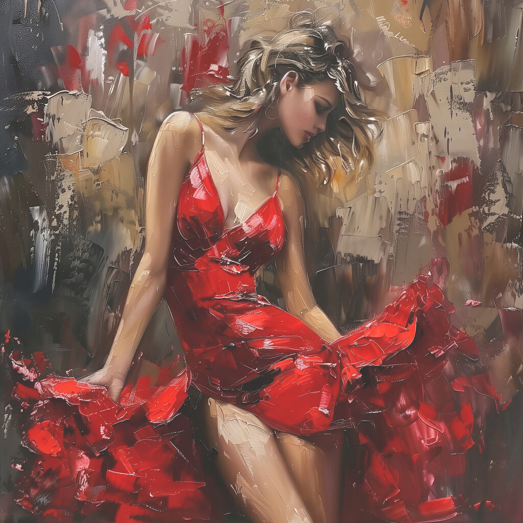 Robe rouge en mouvement — motif complet