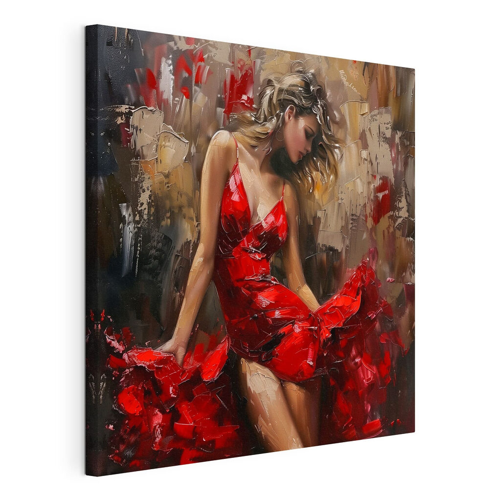 Robe rouge en mouvement, toile tendue et bord enveloppé