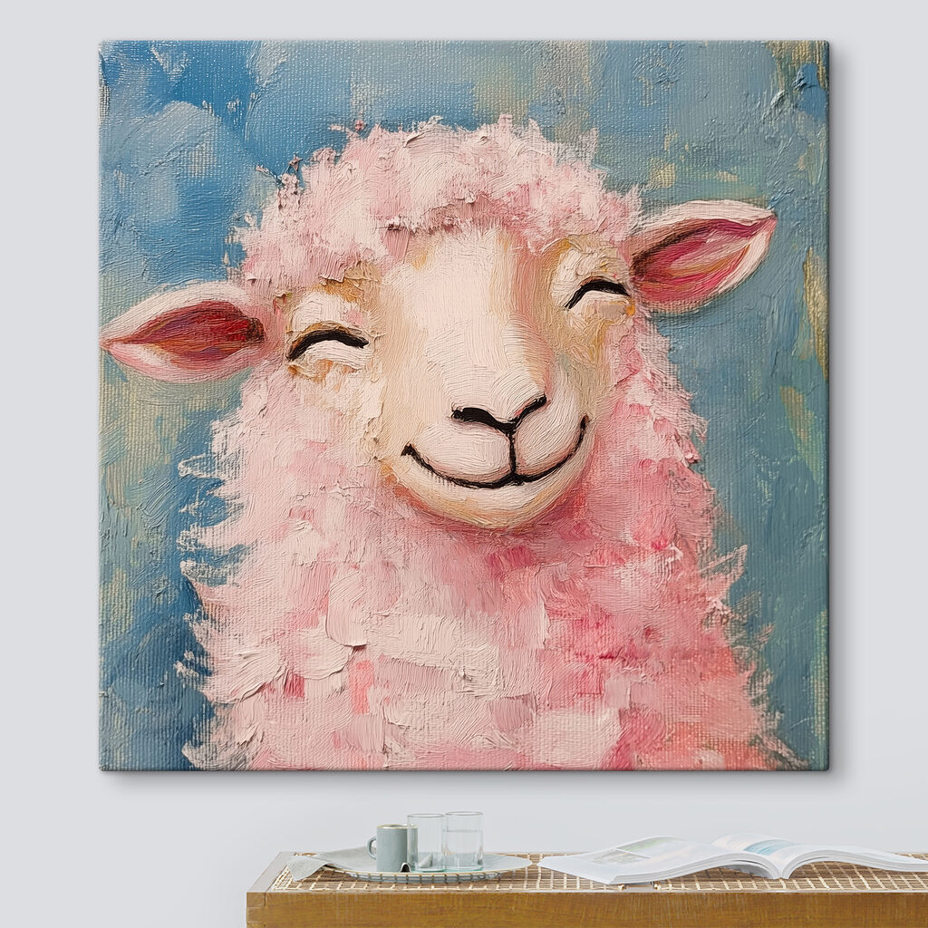 Mouton aux boucles roses dans un intérieur