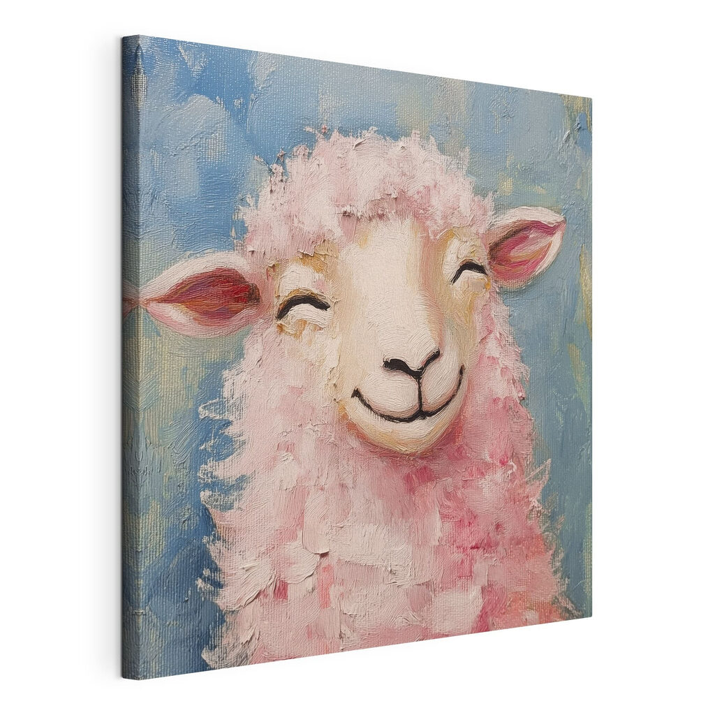 Mouton aux boucles roses, toile tendue et bord enveloppé