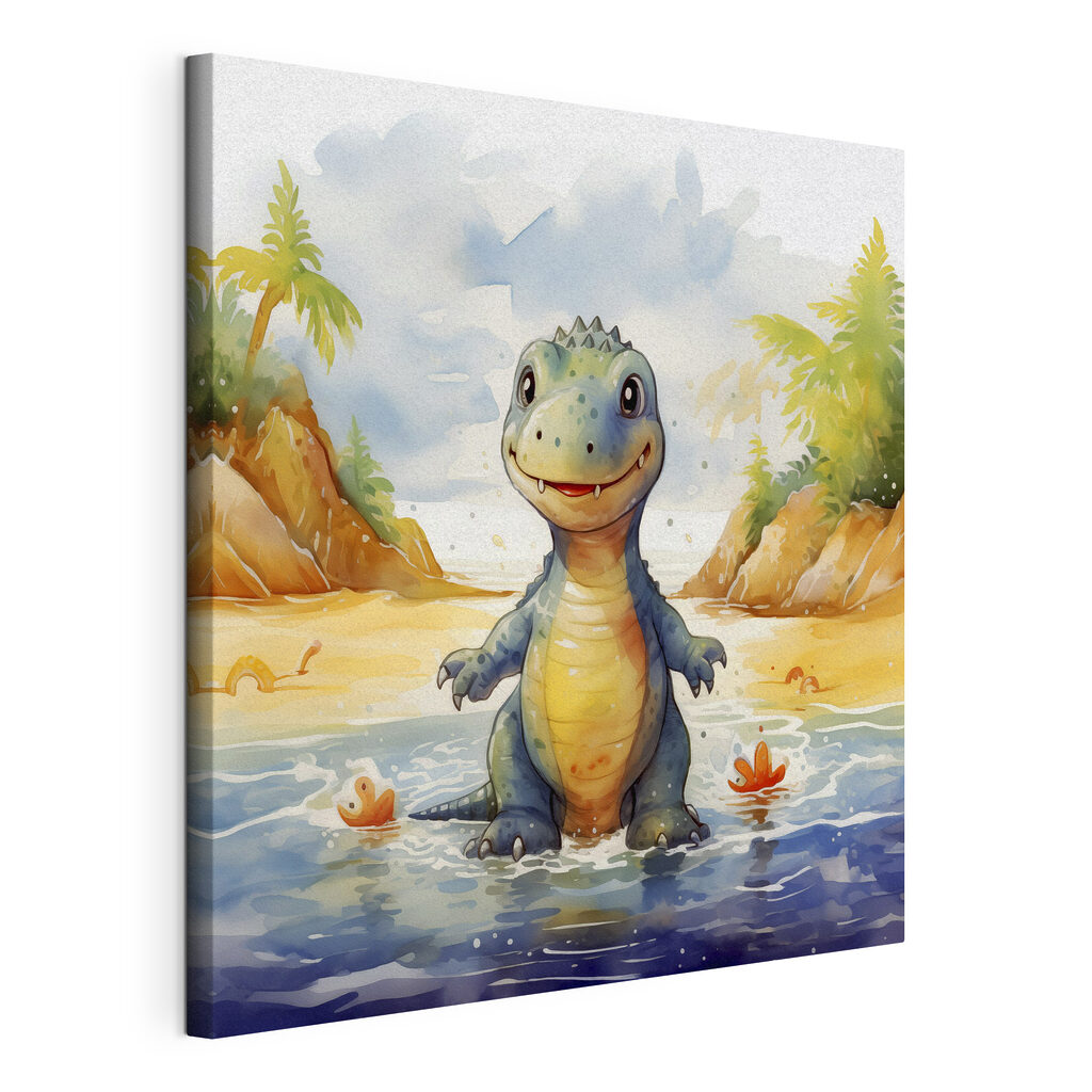 Dinosaure à la plage, toile tendue et bord enveloppé