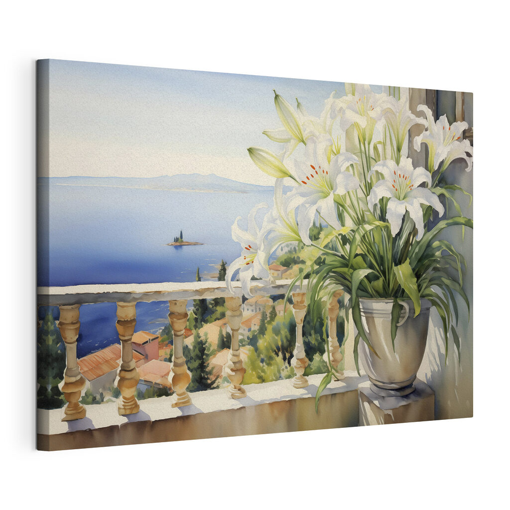 Lys blancs, mer bleue, toile tendue et bord enveloppé