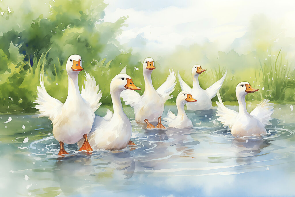 Oies dans l’eau printanière — motif complet