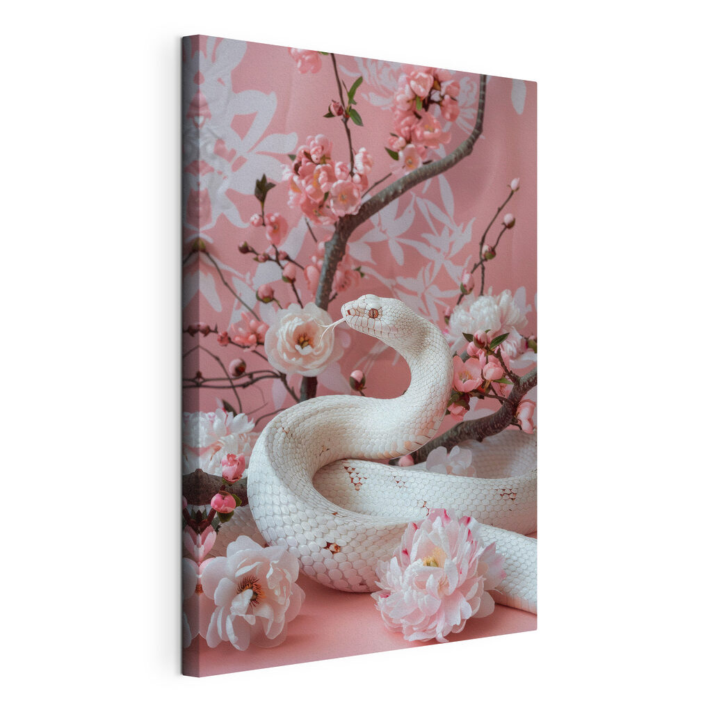 Serpent et branches fleuries, toile tendue et bord enveloppé