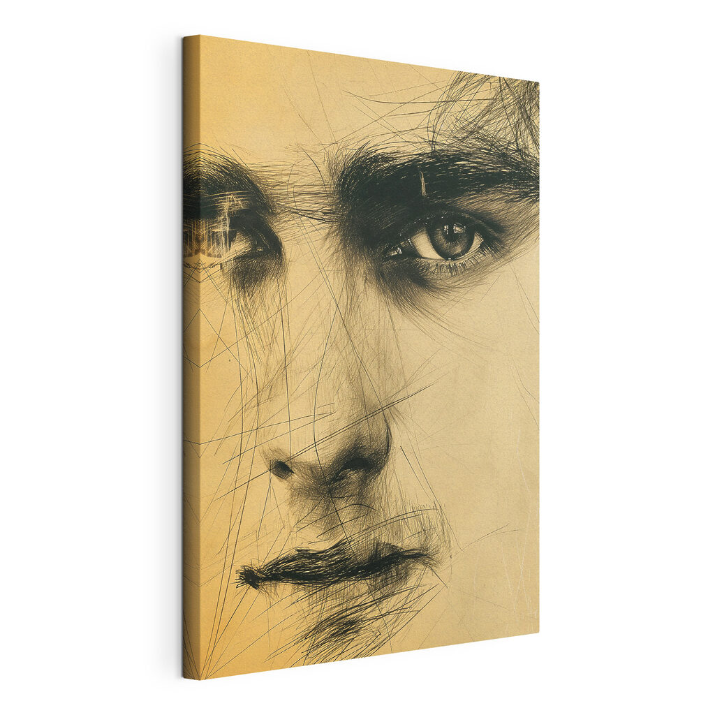 Regard au fusain, toile tendue et bord enveloppé