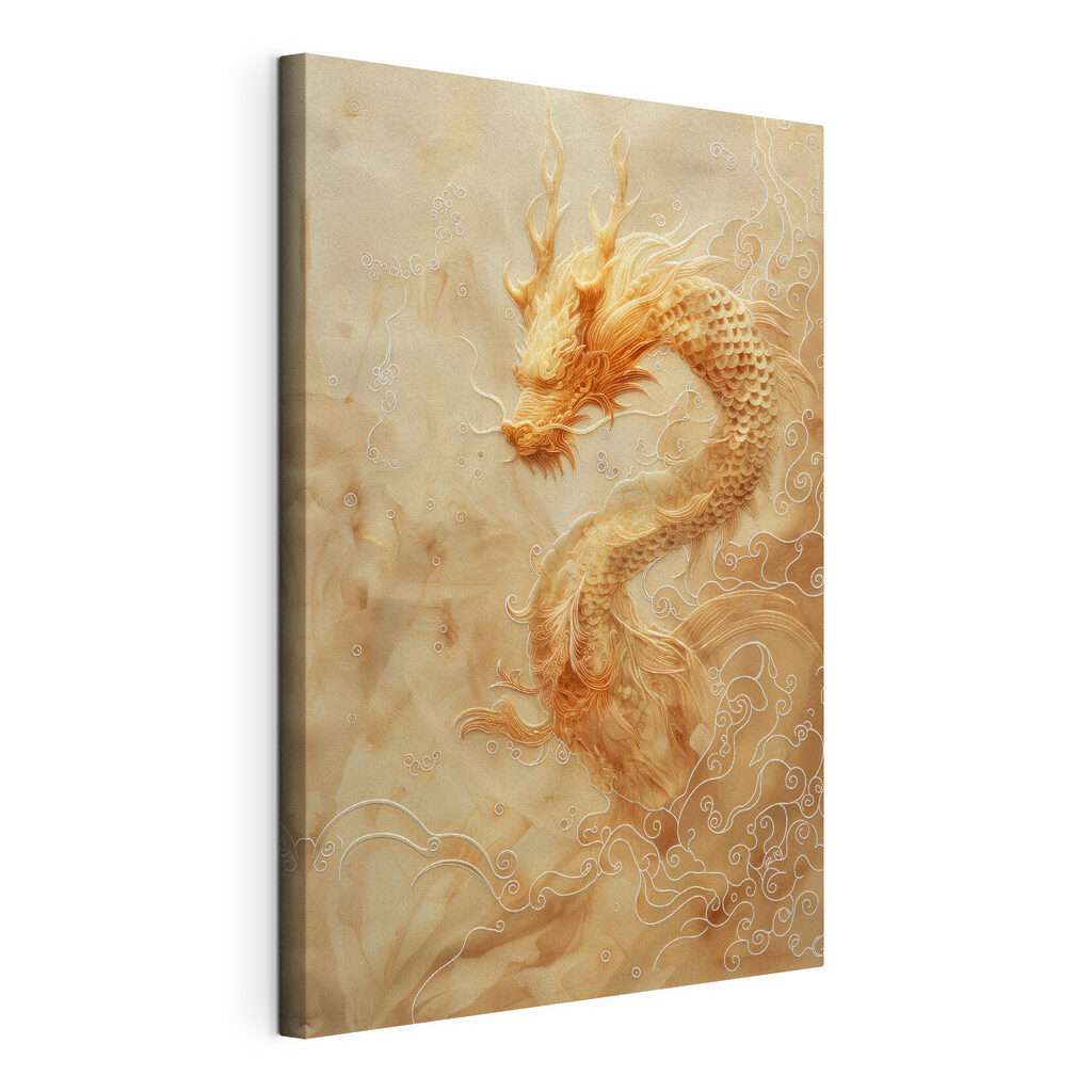 Dragon et nuages dorés, toile tendue et bord enveloppé