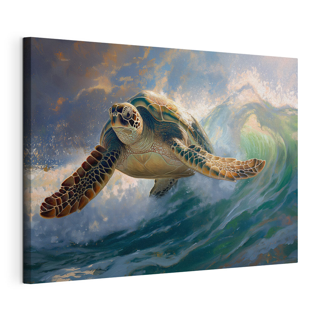 Tortue dans la vague, toile tendue et bord enveloppé