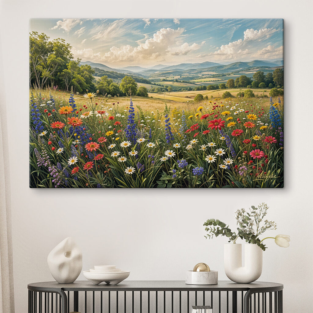 Vallée verte fleurie dans un intérieur