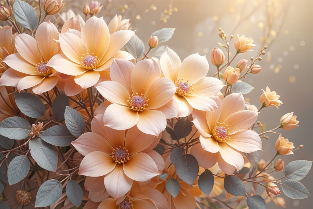 Fleurs pêche, feuilles grises — motif complet