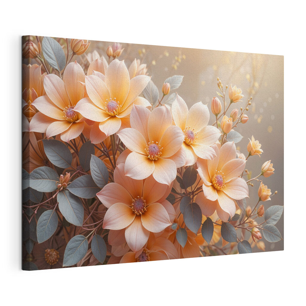 Fleurs pêche, feuilles grises, toile tendue et bord enveloppé