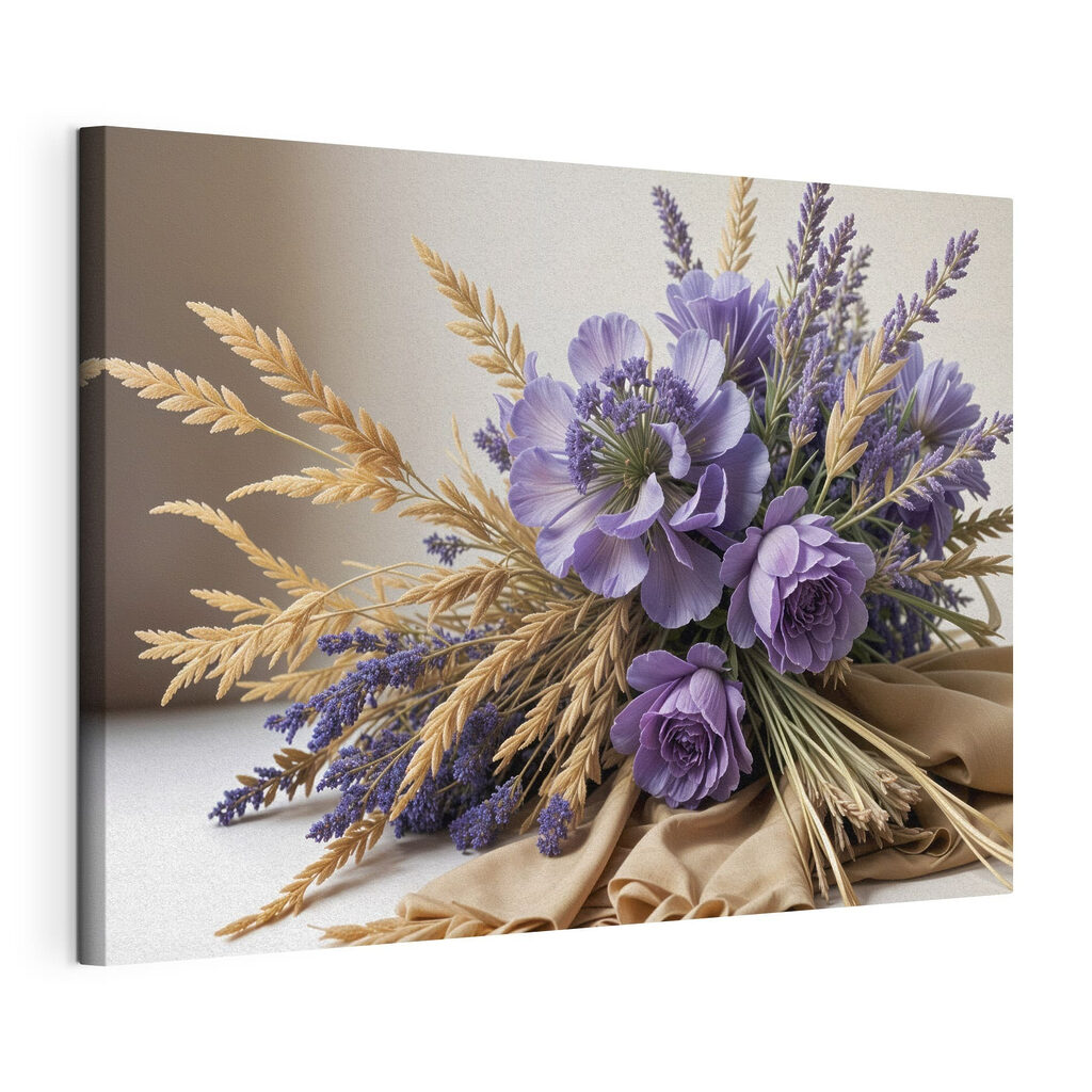 Bouquet violet et épis, toile tendue et bord enveloppé