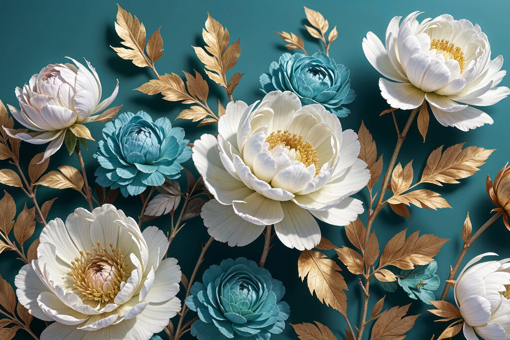Floraison sur bleu pétrole — motif complet