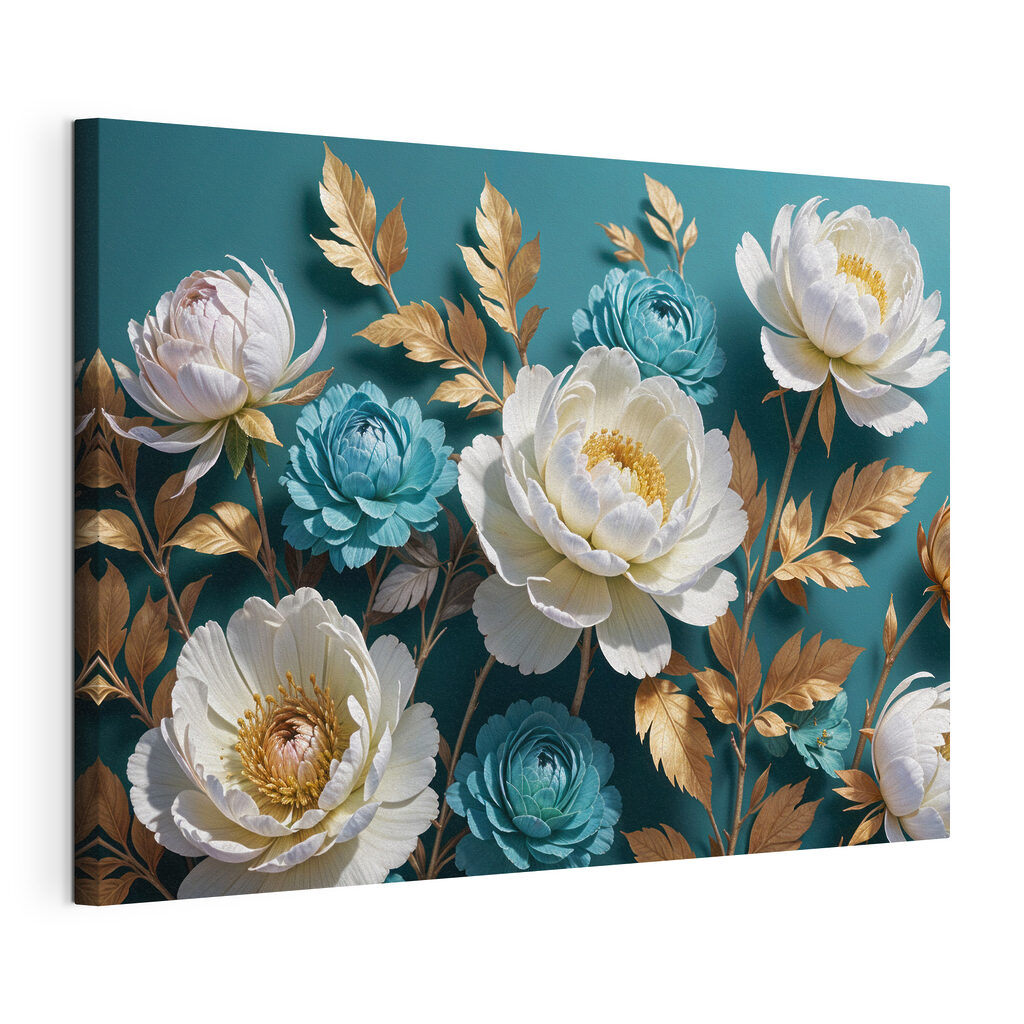 Floraison sur bleu pétrole, toile tendue et bord enveloppé