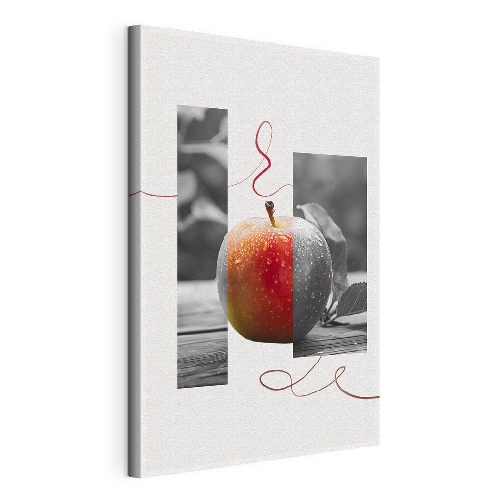 Pomme rouge en collage, toile tendue et bord enveloppé