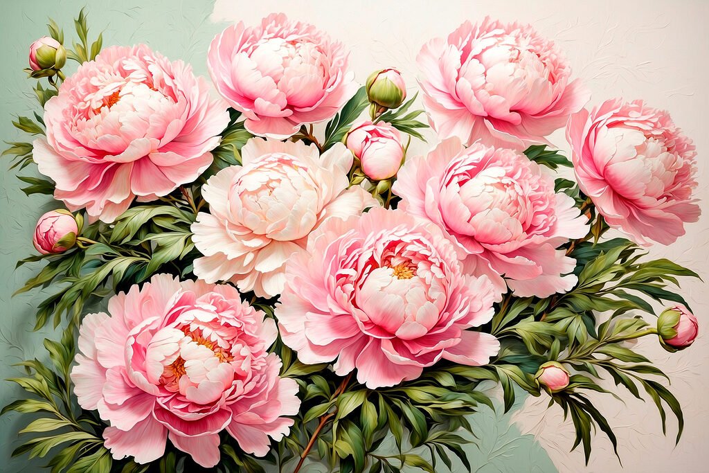 Pivoines et boutons verts — motif complet