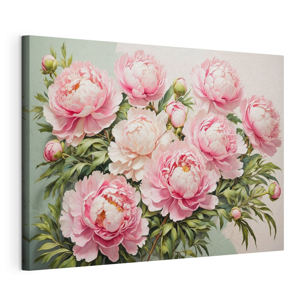 Pivoines et boutons verts, toile tendue et bord enveloppé