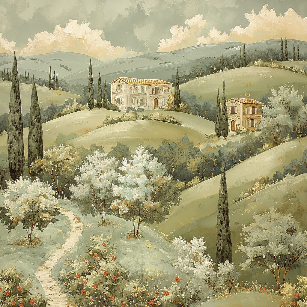 Maisons sur collines fleuries — motif complet