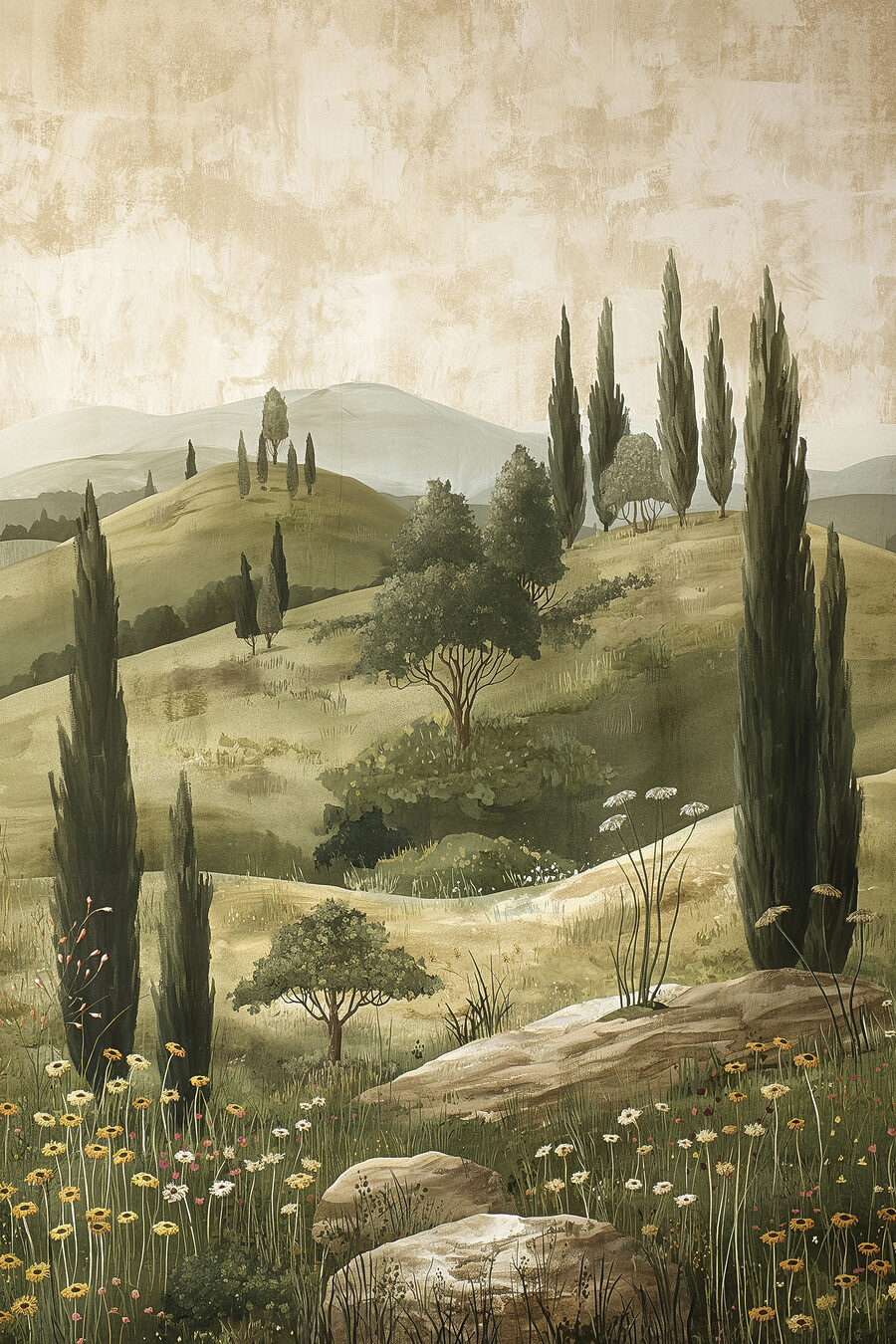 Chemin fleuri aux cyprès — motif complet