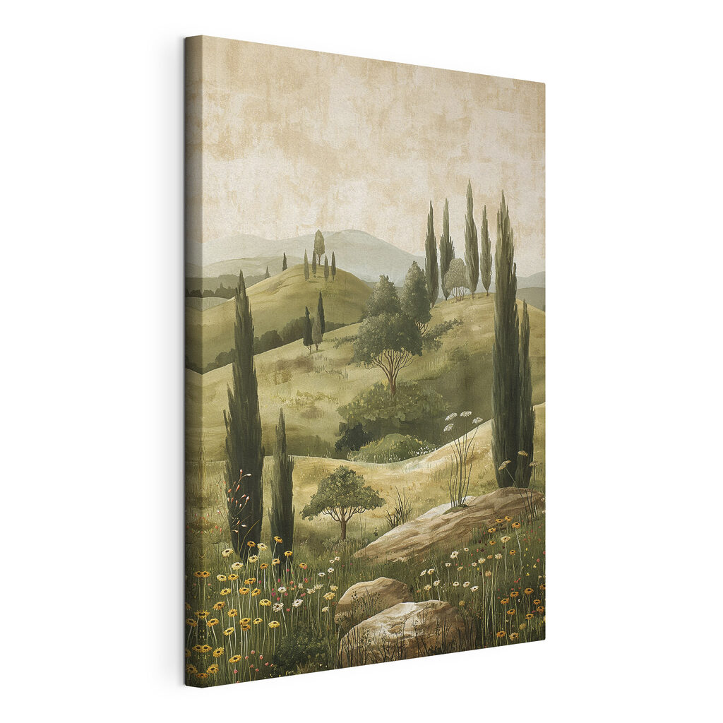 Chemin fleuri aux cyprès, toile tendue et bord enveloppé