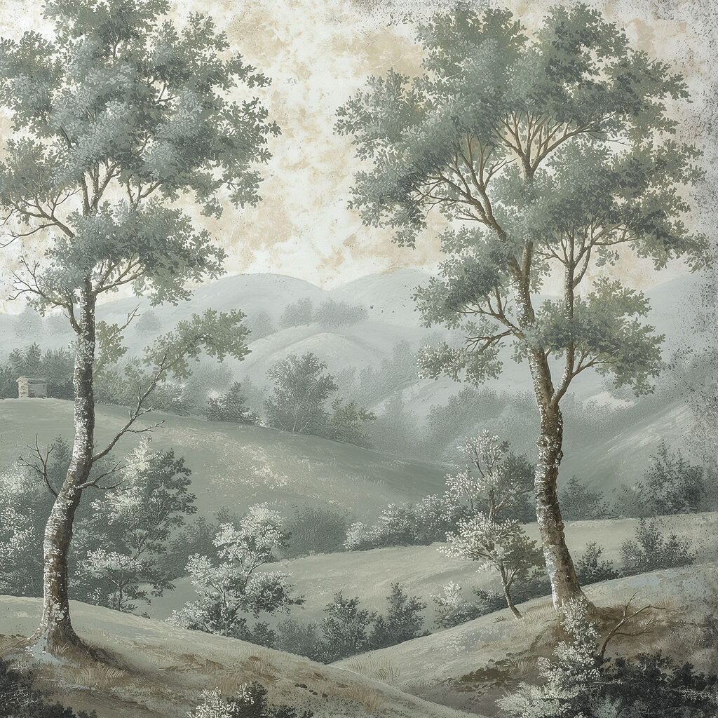 Deux arbres, collines brumeuses — motif complet