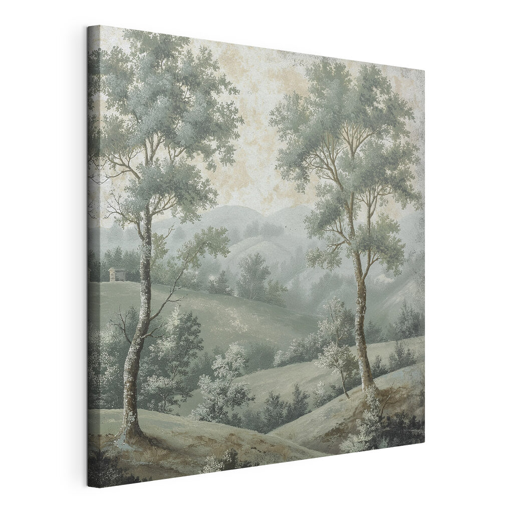 Deux arbres, collines brumeuses, toile tendue et bord enveloppé