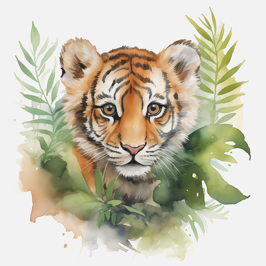 Bébé tigre et feuillage — motif complet