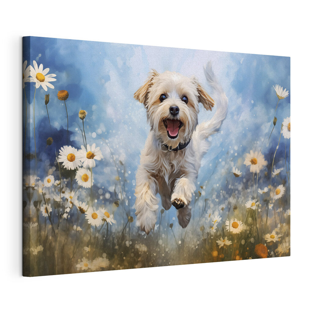 Petit chien bondissant, toile tendue et bord enveloppé