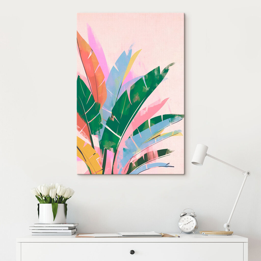 Feuilles pastel sur rose — intérieur 1