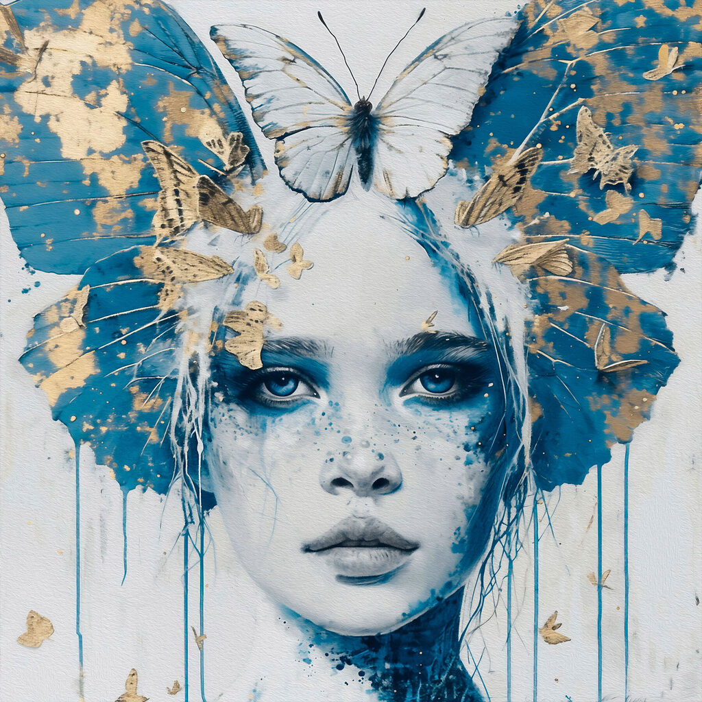 Papillon et regard bleu — motif complet