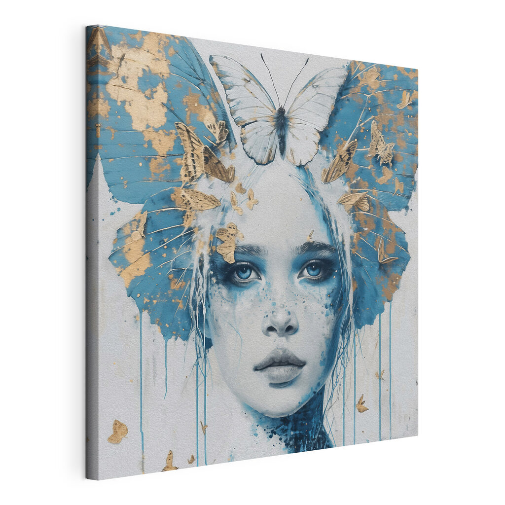 Papillon et regard bleu, toile tendue et bord enveloppé