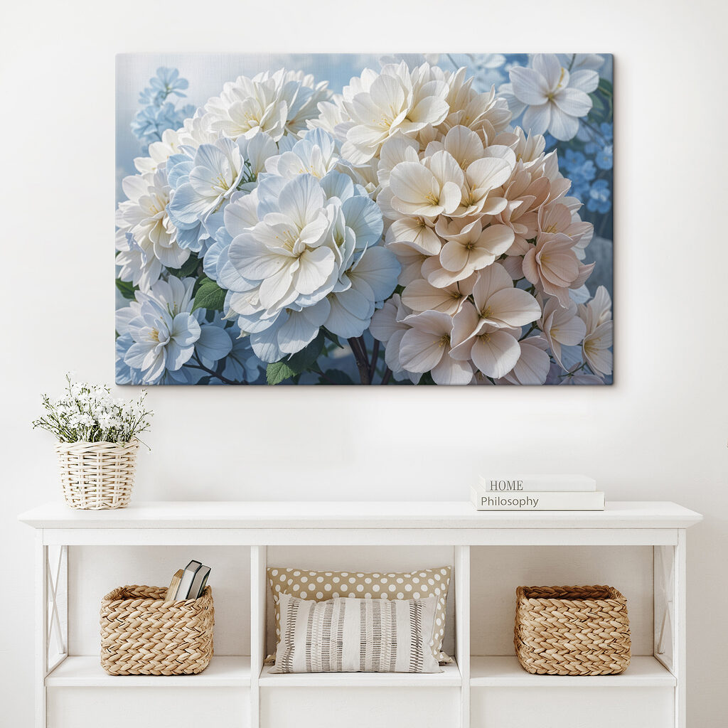 Hortensias blancs sur bleu — intérieur 1