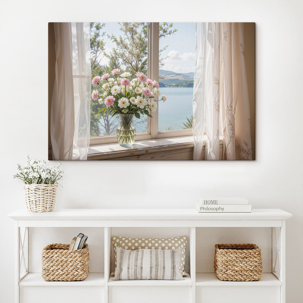Bouquet face au lac dans un intérieur
