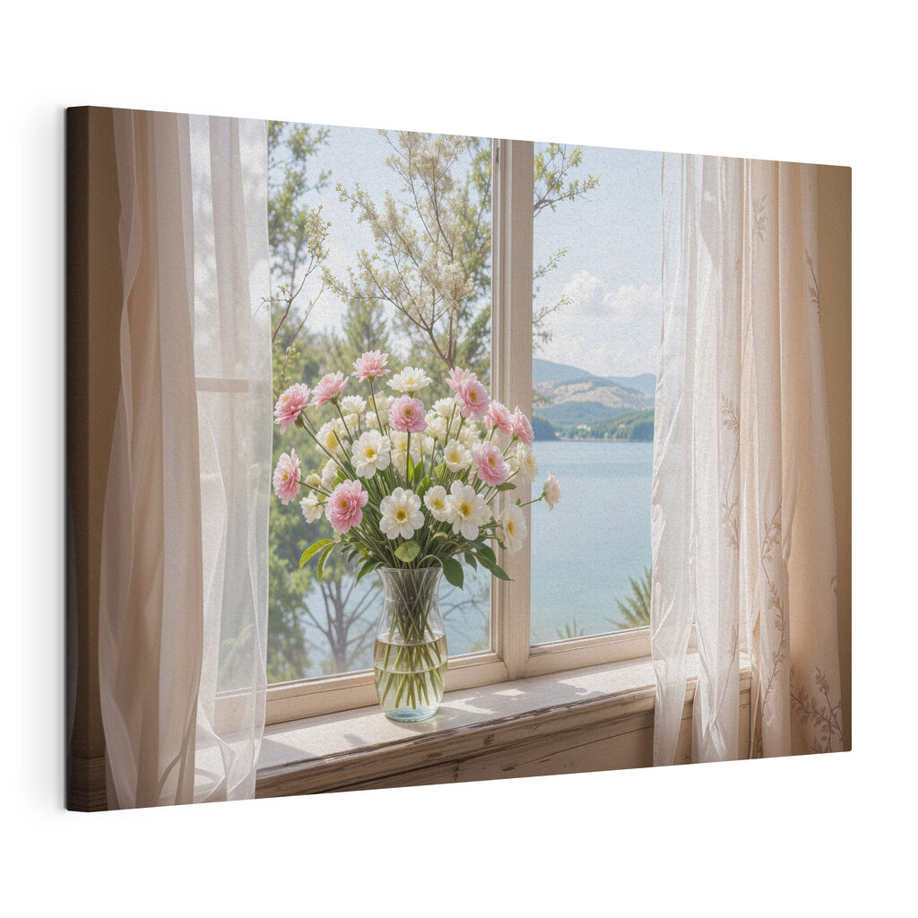 Bouquet face au lac, toile tendue et bord enveloppé