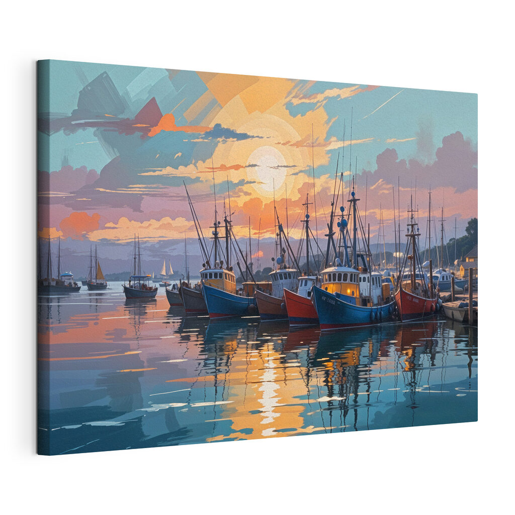 Port au soleil couchant, toile tendue et bord enveloppé