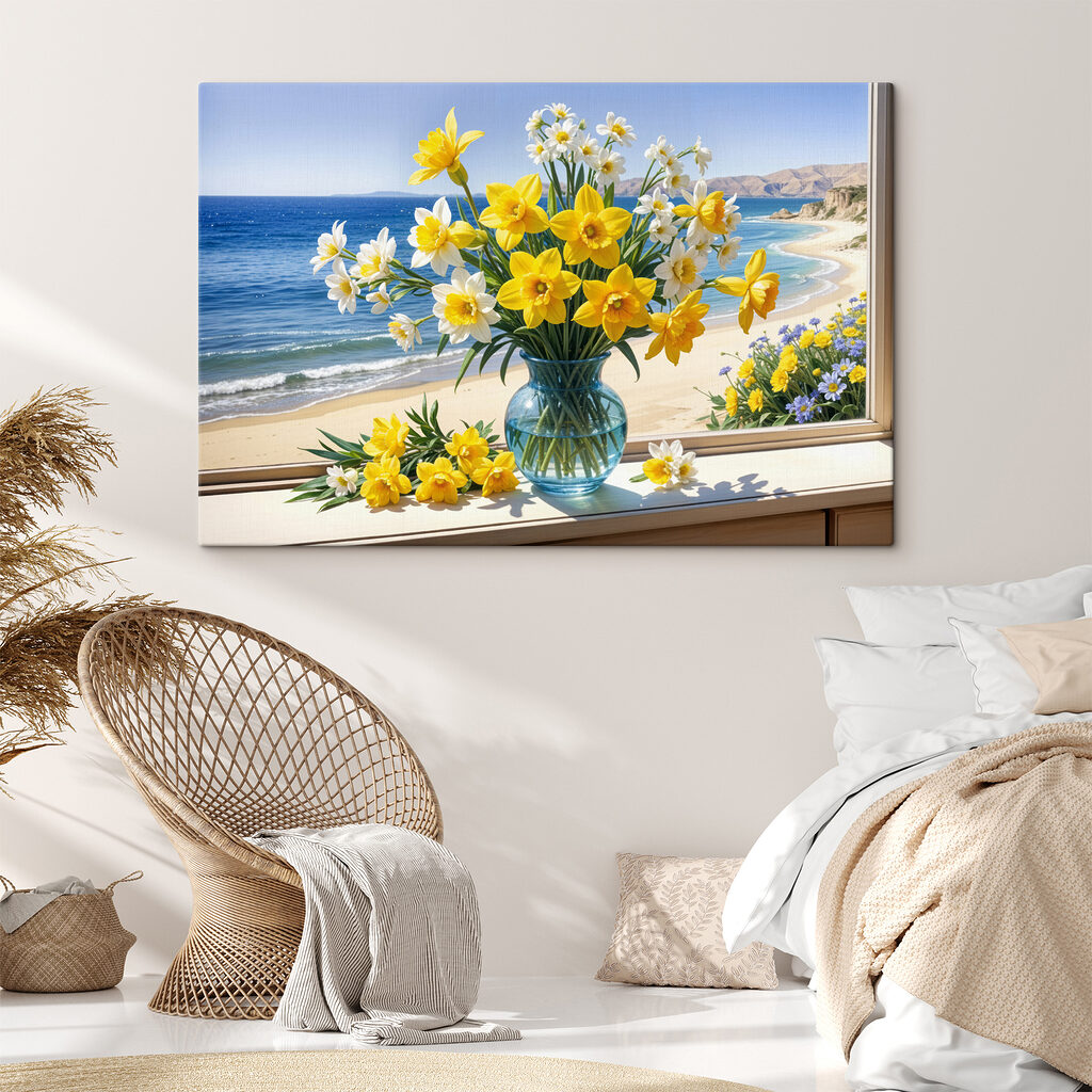 Narcisses et baie bleue dans un intérieur