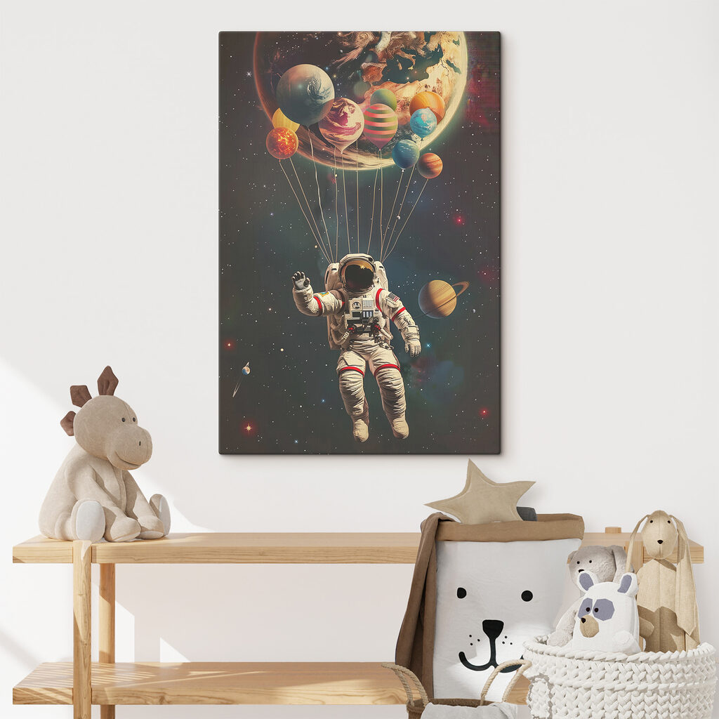 Astronaute aux ballons planètes dans un intérieur