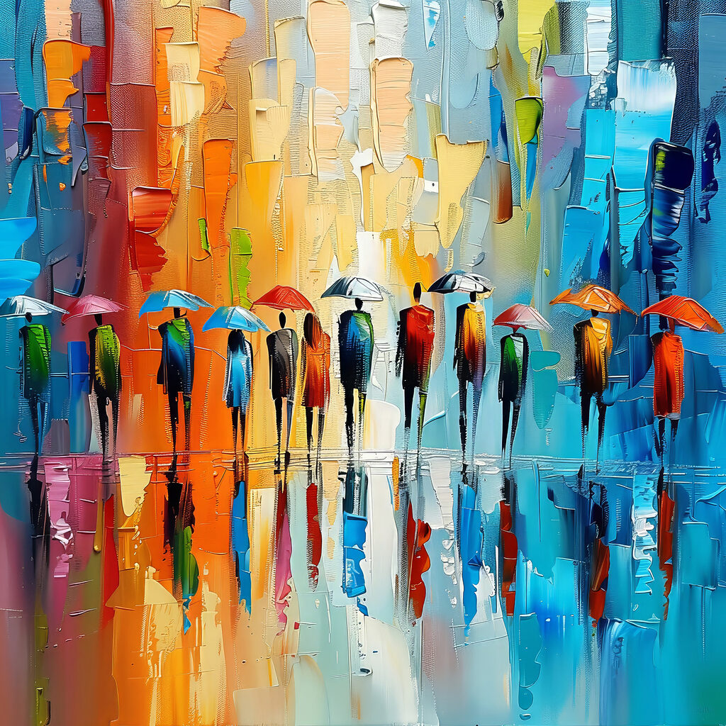 Parapluies et pluie colorée — motif complet