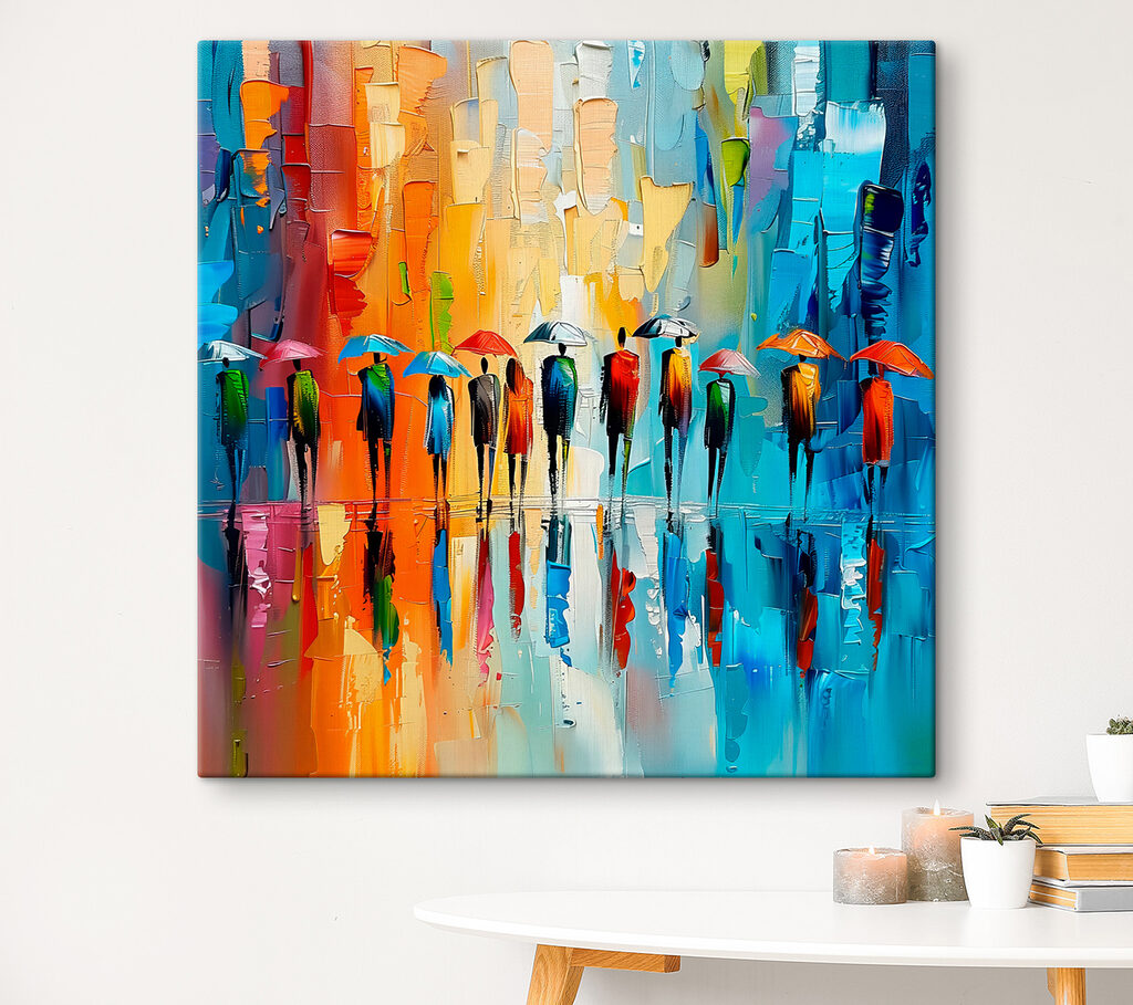 Parapluies et pluie colorée dans un intérieur