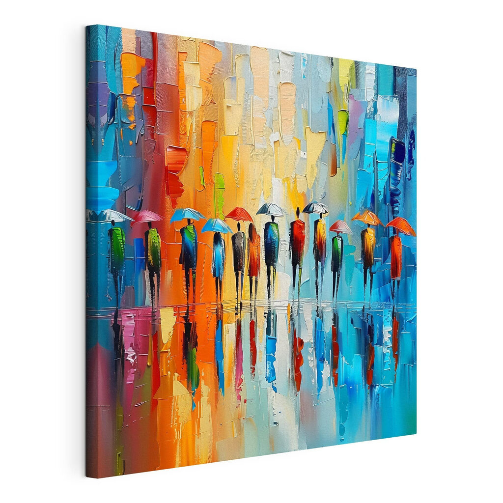 Parapluies et pluie colorée, toile tendue et bord enveloppé