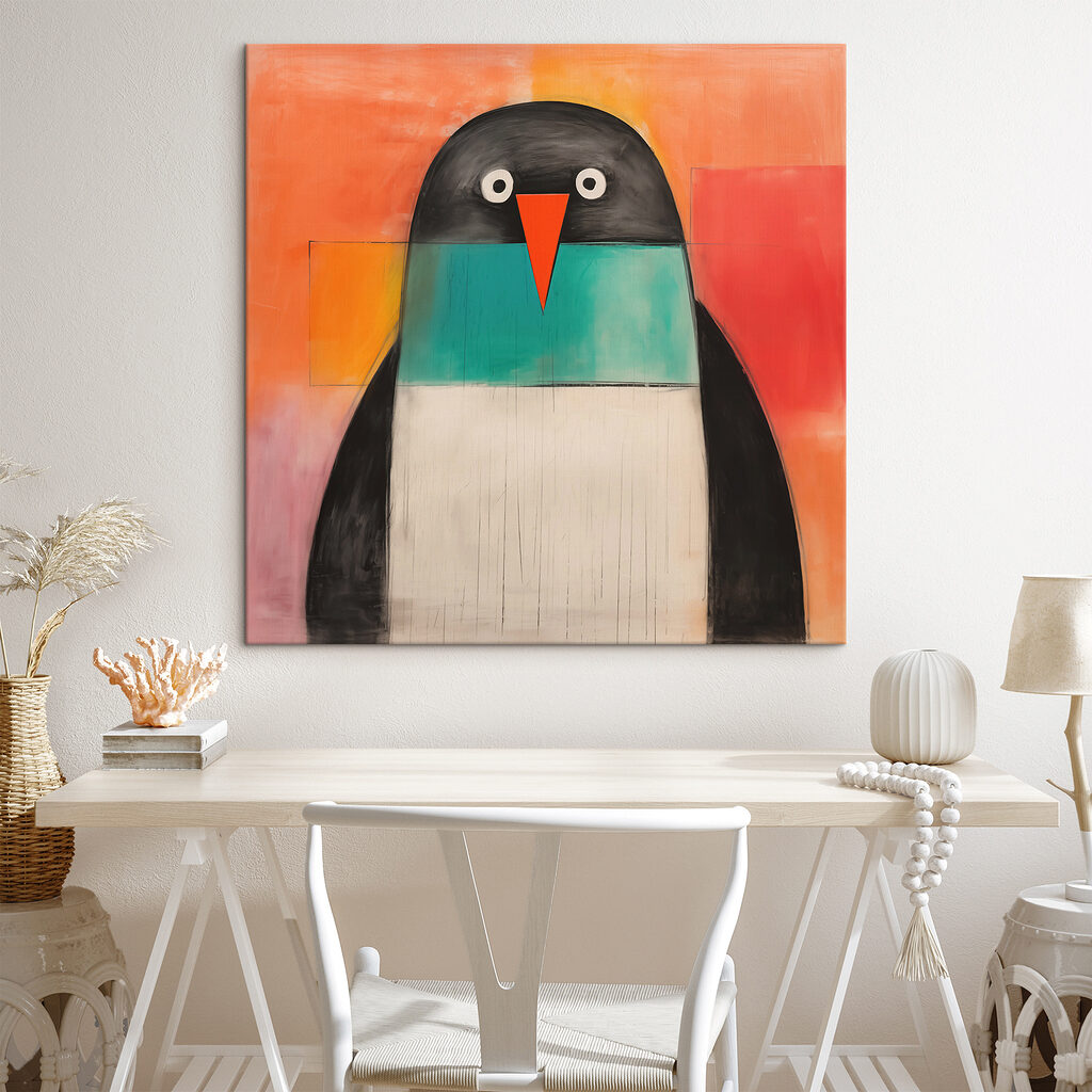 Pingouin aux aplats colorés — intérieur 1